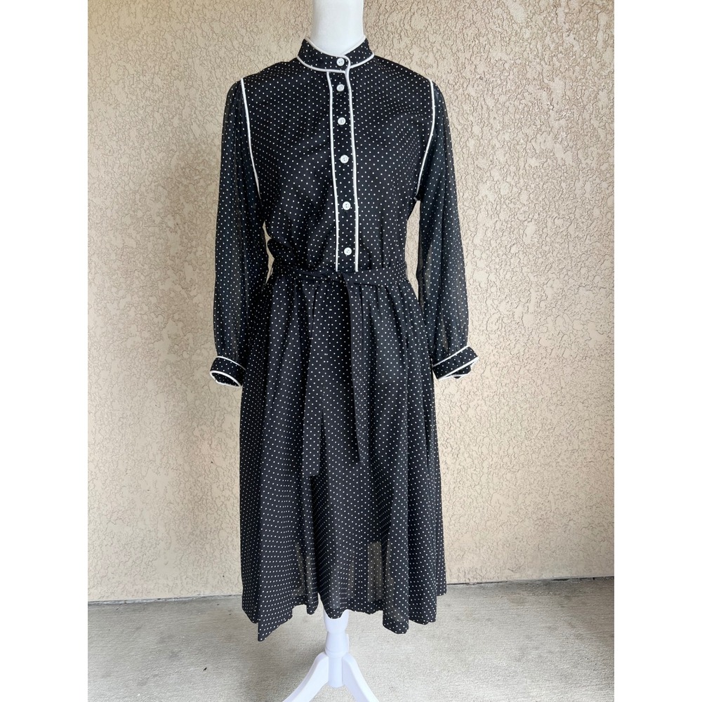 Vintage 1970s Ms Sugar Polka Dot Midi Dress Black White Piping Long Sleeve M